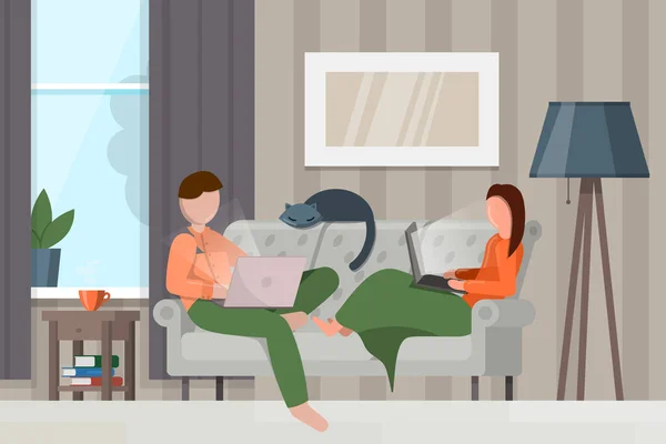 Freelancer mujer y hombre trabajando en línea desde casa. Pareja trabajando con portátil en la sala de estar. Stock vector ilustración — Vector de stock