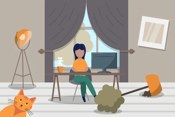 Freelancer mujer que trabaja en línea desde casa. trabajar con el ordenador portátil en la sala de estar entre el desastre. Stock vector ilustración — Vector de stock