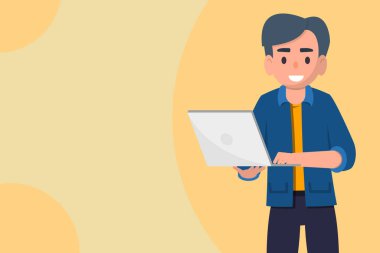 Uzaktan çalışma, serbest çalışma. Dizüstü bilgisayarda çalışan genç bir adam. Düz biçimli stok vektör illüstrasyonu.