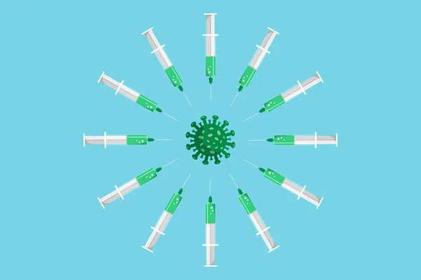 Spuit met groen vaccin rond bacteriën op blauwe achtergrond. Voorraad vector illustratie in platte stijl — Stockvector