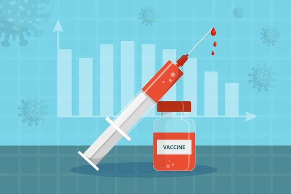 Injectiespuit en injectieflacon met oranje vaccin op blauwe achtergrond met schema. Voorraad vector illustratie in platte stijl. — Stockvector