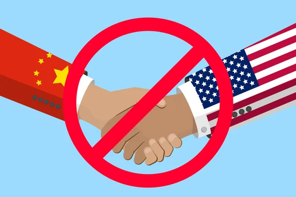 China y Estados Unidos guerra comercial, conflicto comercial y económico. Banderas chinas y americanas en las manos. Stock vector ilustración — Vector de stock