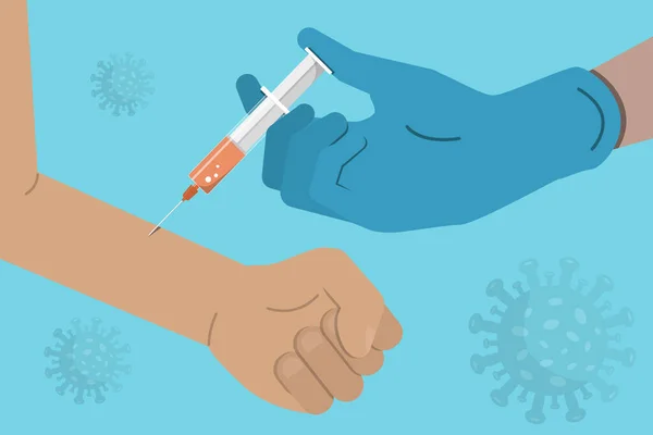 Medische hand in hand vaccineren van een patiënt. Vaccinatie. Medische en gezondheidszorg. Voorraadvector illustratie in plat ontwerp. — Stockvector