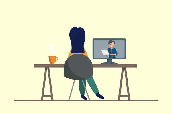 Eğitim, eğitim, online eğitim, e-öğrenme konsepti. Bilgisayarda webinar izleyen bir kadın. Düz vektör illüstrasyonu.