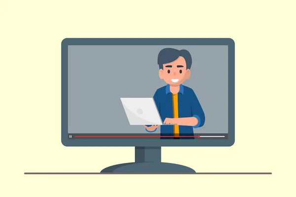 Eğitim, eğitim, online eğitim, e-öğrenme konsepti. Ekrandaki videoyu tak. Düz stok vektör illüstrasyonu.
