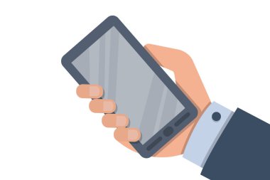 Eldeki cep telefonu beyaza izole edilmiş. El ele tutuşan akıllı telefon. Düz dizayn olarak stok vektör illüstrasyonu.