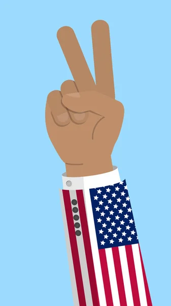 Victory finger gesture with flag of USA, gesture of approval, meaning Like, Stock vector illustration in flat design. — Stock Vector