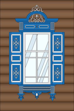 Geleneksel Rus tarzı oymalı mavi ahşap pencere. IŞİBa penceresi.