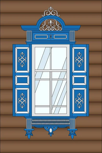 Fenêtre Bois Bleu Avec Des Sculptures Dans Style Traditionnel Russe — Image vectorielle