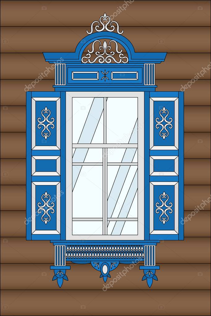 Blue wooden window with carvings in traditional Russian style. The window of the isba.
