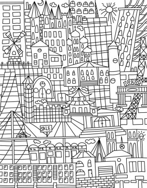 Siyah, farklı kültürlere ve cazibelere sahip evleri olan beyaz bir karalama. Satır sanatı.