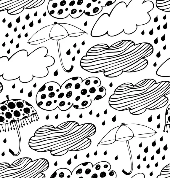 Mraky, deštníky a kapky deště — Stockový vektor