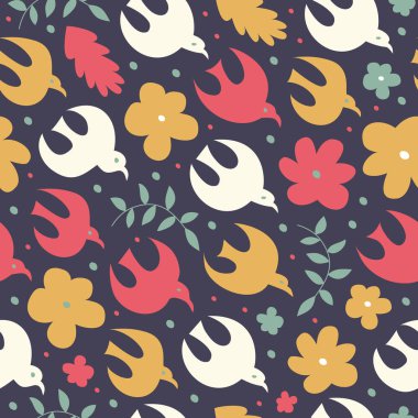Birdy seamless modeli. Şirin dekoratif doku. Kuşlar ve çiçekler vektör doğa arka plan