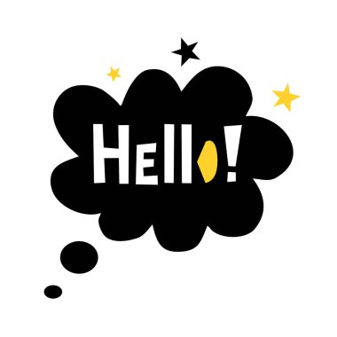 Merhaba! Vektör şirin poster konuşma bulut ile. İskandinav minimalist tarzda dekoratif elemanlar