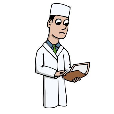 Palto giymiş genç beyaz bir karikatür doktoru elinde dava geçmişi olan bir dosya tutuyor. izole vektör illüstrasyonu