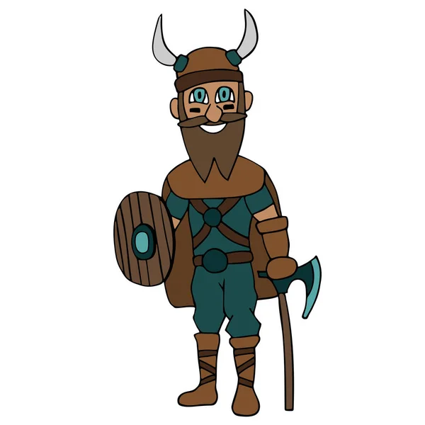 Cartoon viking with ax, shield and beard. White background isolated vector illustration — Stock Vector