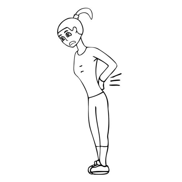 Cartone animato giovane donna bianca con un mal di schiena in tuta. Sfondo bianco isolato contorno vettoriale illustrazione — Vettoriale Stock