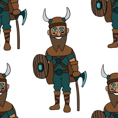 Baltalı, kalkanlı ve sakallı viking çizgi filmi. Beyaz arka plan pürüzsüz desen. vektör illüstrasyonu