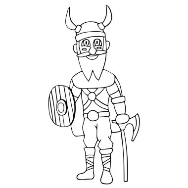 Baltalı, kalkanlı ve sakallı viking çizgi filmi. Beyaz arkaplan izole edilmiş taslak vektör çizimi