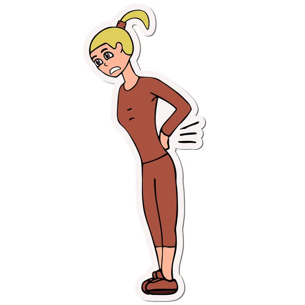Mujer blanca joven de dibujos animados con dolor de espalda en una pegatina de chándal. Fondo blanco ilustración vectorial aislada — Vector de stock