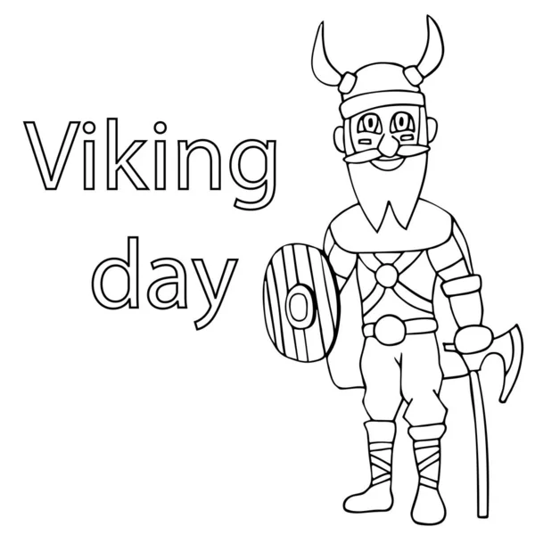 Cartoon viking with ax, shield and beard. White background isolated vector illustration — Stock Vector