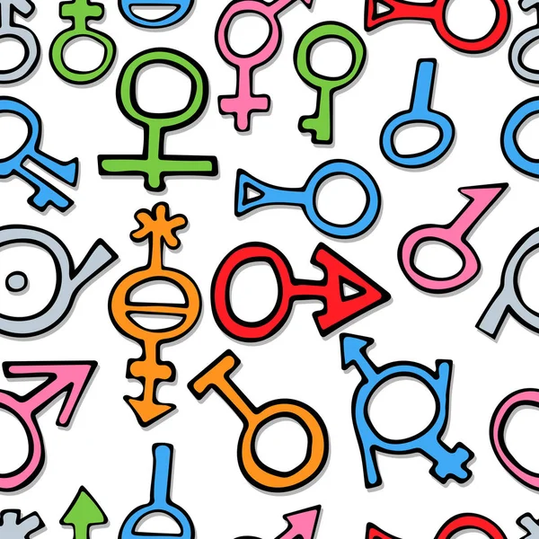 Different multicolored gender symbols. doodle vector seamless pattern — ストックベクタ
