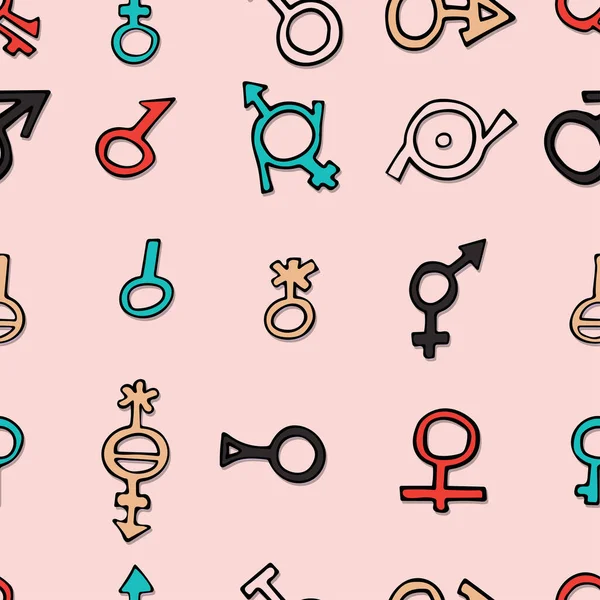 Different multicolored gender symbols. doodle vector seamless pattern — Stock Vector