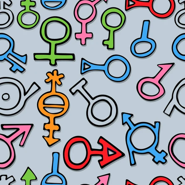 Different multicolored gender symbols. doodle vector seamless pattern — ストックベクタ