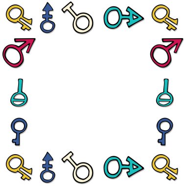 farklı renkte cinsiyet işaretleri karalama çerçevesi. Beyaz arkaplan izole vektör çizimi