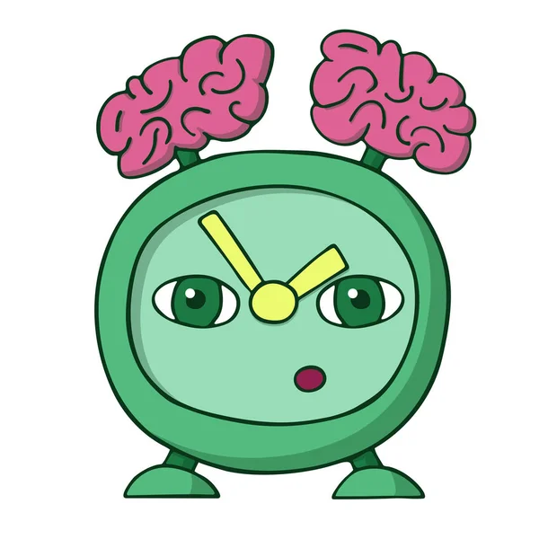 绿色的闹钟，头上挂着大脑而不是铃铛。聪明的手表。卡通孤立的种群矢量图解 — 图库矢量图片