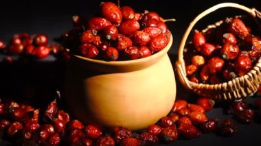 Latince Fructus cynosbati isminde köpek gül kalçalarının makro görüntüsü. Kurumuş gül kalçası alternatif tıpta önemli bir vitamin kaynağıdır..