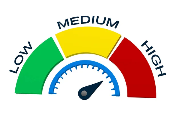 Color scale with arrow from green to red. Sign tachometer, speedometer, indicators. Infographic gauge element. 3D rendering — ストック写真