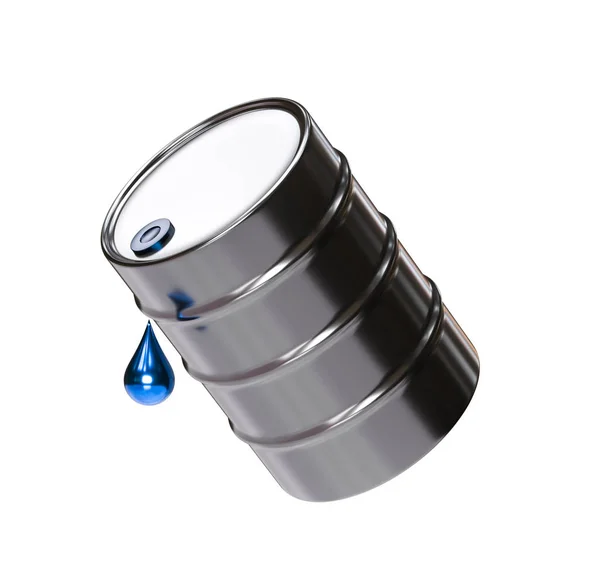 Ατσάλι βαρέλι με μια σταγόνα πετρελαίου που απομονώνονται στο λευκό φόντο 3d απόδοση — Φωτογραφία Αρχείου