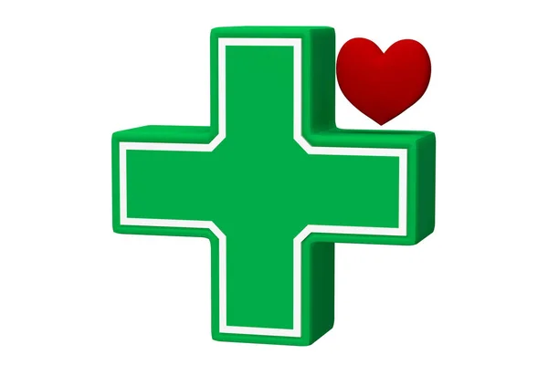 Health care icon. Green cross and red heart isolated on a white. 3d rendering — Stock Photo, Image