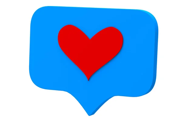 Wie ein rotes Herzsymbol auf einer blauen Nadel auf weißem Hintergrund. Soziale Medien mögen Symbole. 3D-Darstellung — Stockfoto