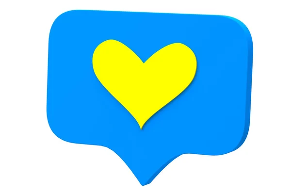 Wie ein gelbes Herzsymbol auf einer blauen Nadel auf weißem Hintergrund. Soziale Medien mögen Symbole. 3D-Darstellung — Stockfoto