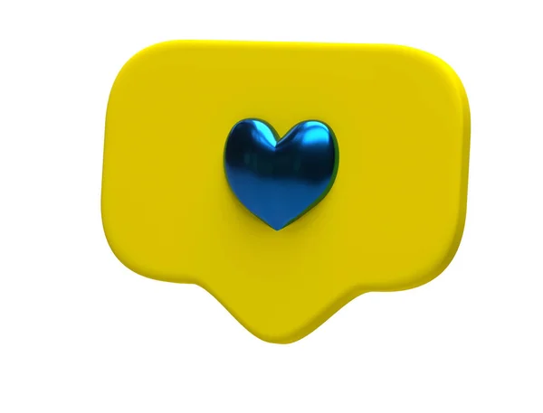 Wie ein blaues Herzsymbol auf einer gelben Nadel auf weißem Hintergrund. Soziale Medien mögen Symbole. 3D-Darstellung — Stockfoto