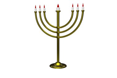 Beyaz arka planda yanan mumları olan altın Hanuka menorası. 3d oluşturma.