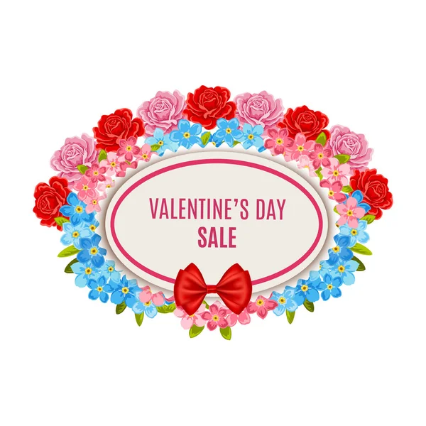 Valentines day verkoop label met bloemen en boog. — Stockvector