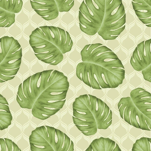 Tropical seamless pattern with large Monstera leaves.