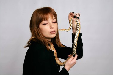 Siyah elbiseli ve yılanlı güzel bir kadın. Mükemmel makyajlı kızıl model kız. Üst düzey rötuş. Beyaz arka plan. Taze ciltli genç bir kadın. Etrafında yılan olan bir kadın..