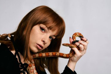 Siyah elbiseli ve yılanlı güzel bir kadın. Mükemmel makyajlı kızıl model kız. Üst düzey rötuş. Beyaz arka plan. Taze ciltli genç bir kadın. Etrafında yılan olan bir kadın..