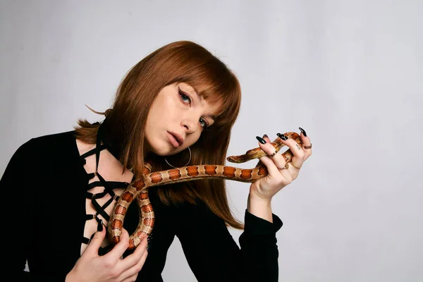 Hermosa Mujer Ropa Cuerpo Negro Serpiente Chica Modelo Jengibre Con — Foto de Stock