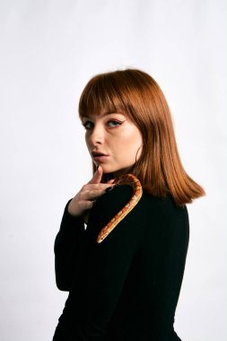 Siyah elbiseli ve yılanlı güzel bir kadın. Mükemmel makyajlı kızıl model kız. Üst düzey rötuş. Beyaz arka plan. Taze ciltli genç bir kadın. Etrafında yılan olan bir kadın..