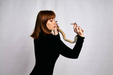 Siyah elbiseli ve yılanlı güzel bir kadın. Mükemmel makyajlı kızıl model kız. Üst düzey rötuş. Beyaz arka plan. Taze ciltli genç bir kadın. Etrafında yılan olan bir kadın..