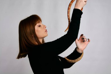 Siyah elbiseli ve yılanlı güzel bir kadın. Mükemmel makyajlı kızıl model kız. Üst düzey rötuş. Beyaz arka plan. Taze ciltli genç bir kadın. Etrafında yılan olan bir kadın..