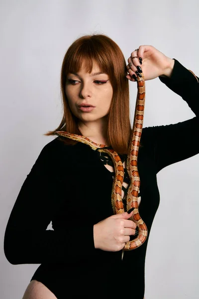 Beautiful Woman Black Bodywear Snake Ginger Model Girl Fashion Perfect — Stock Photo, Image