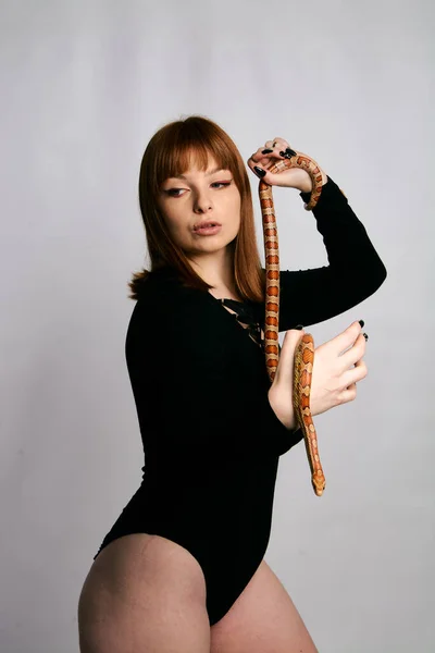 Gyönyörű Fekete Testben Kígyóban Ginger Modell Lány Divat Tökéletes Smink — Stock Fotó
