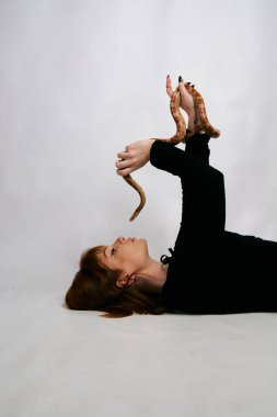 Siyah elbiseli ve yılanlı güzel bir kadın. Mükemmel makyajlı kızıl model kız. Üst düzey rötuş. Beyaz arka plan. Taze ciltli genç bir kadın. Etrafında yılan olan bir kadın..