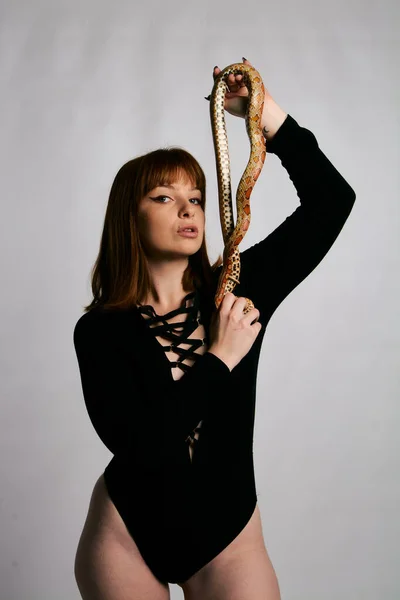 Beautiful Woman Black Bodywear Snake Ginger Model Girl Fashion Perfect — 스톡 사진